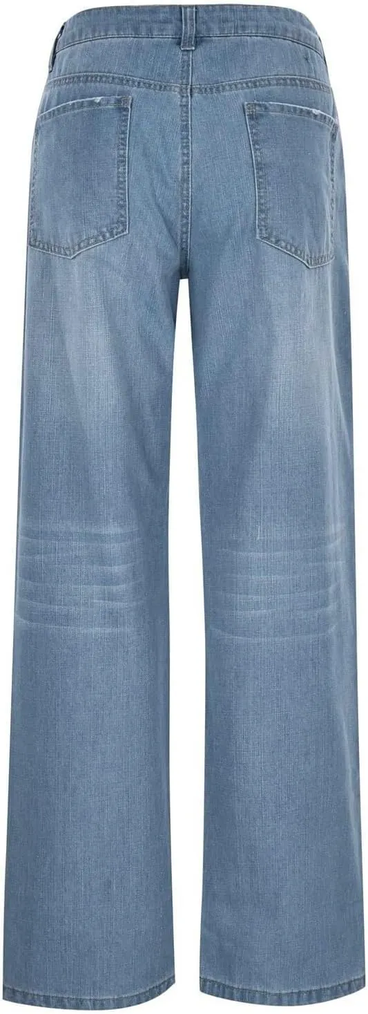 Women's Wide Leg Ripped Trendy Jeans Casual Vintage Distressed Denim Pants Boyfriend Trousers
