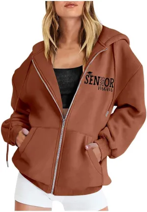 Womens Zip Up Hoodies Fashion Oversized Long Sleeve Drop Shoulder Hooded Jackets Fall Back Funny Letter Print Coats