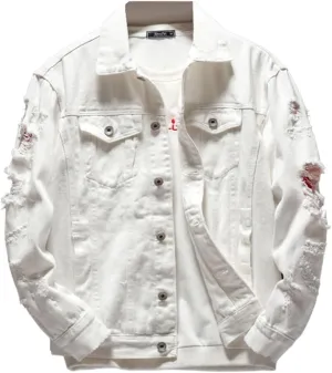 XYGJZ Men's Ripped Distressed Denim Jacket Button Down Long Sleeve Solid Jean Coat