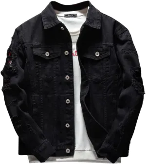 XYGJZ Men's Ripped Distressed Denim Jacket Button Down Long Sleeve Solid Jean Coat