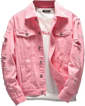 XYGJZ Men's Ripped Distressed Denim Jacket Button Down Long Sleeve Solid Jean Coat