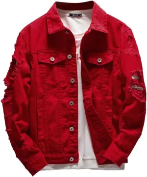 XYGJZ Men's Ripped Distressed Denim Jacket Button Down Long Sleeve Solid Jean Coat