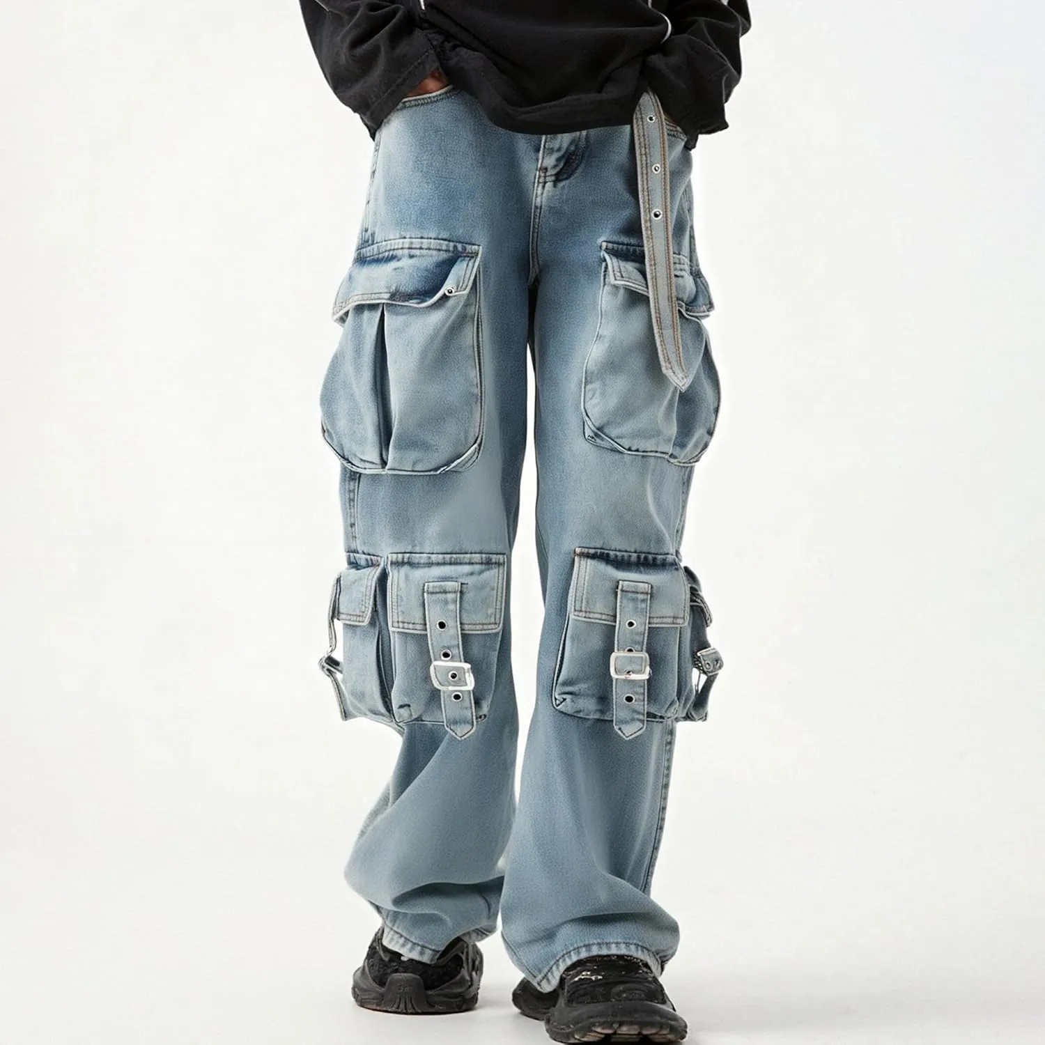 XYXIONGMAO Men's Streetwear Sweatpants Black Cargo Pants Multi-Pocket Washed Denim Hip Hop Casual Jeans Techwear Overalls