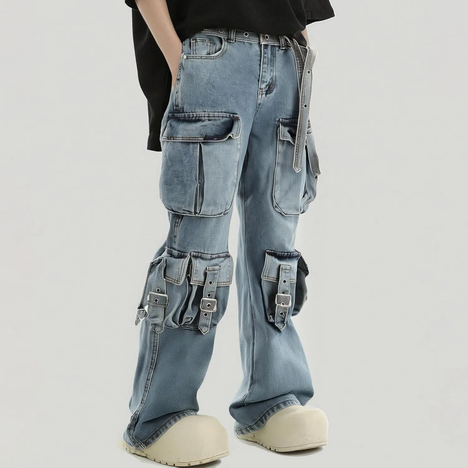 XYXIONGMAO Men's Streetwear Sweatpants Black Cargo Pants Multi-Pocket Washed Denim Hip Hop Casual Jeans Techwear Overalls