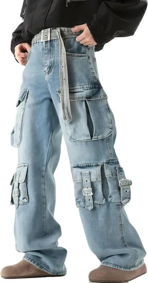 XYXIONGMAO Men's Streetwear Sweatpants Black Cargo Pants Multi-Pocket Washed Denim Hip Hop Casual Jeans Techwear Overalls