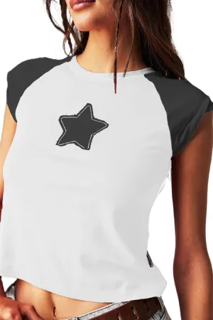 Y2k Cute Star Graphic Baby Tee Short Sleeve Print Crop Top Aesthetic Vintage Teen Girl School Season Shirts Streetwear