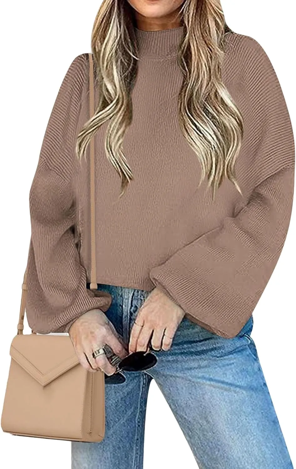 ZWRXW Women's Oversized Turtleneck Sweater Casual Lantern Long Sleeve Knitted Pullover Fall Fashion Loose Fit Jumper Tops