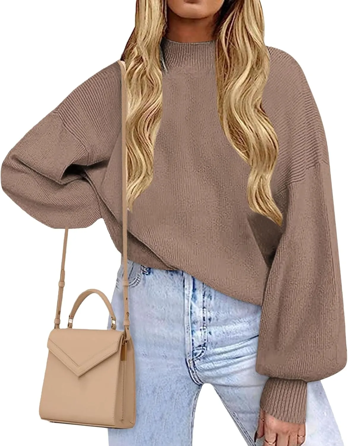 ZWRXW Women's Oversized Turtleneck Sweater Casual Lantern Long Sleeve Knitted Pullover Fall Fashion Loose Fit Jumper Tops